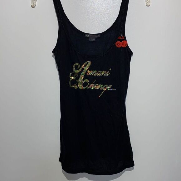 Armani Exchange Women's Sequined Logo Scoop Neck Tank Top Black Gold Size Large - Picture 2 of 9